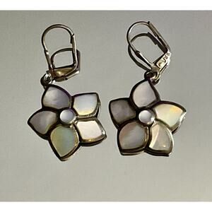 Sterling Silver TH Mother of Pearl Flower Drop Earrings Leverback 6g